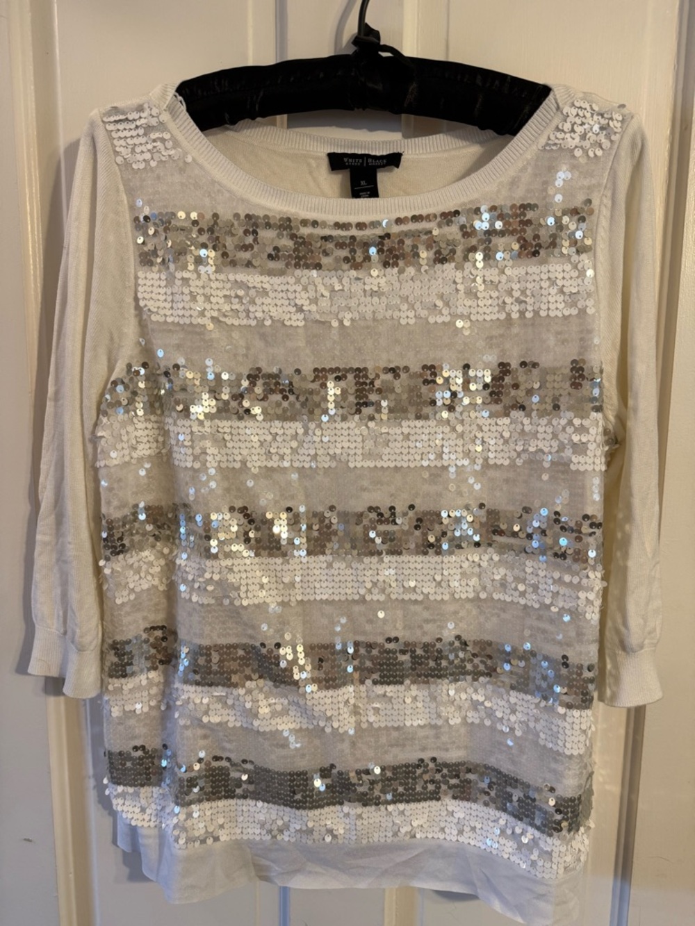 White House Black Market White and Silver Sequin Stripe 3/4 Sleeve Top